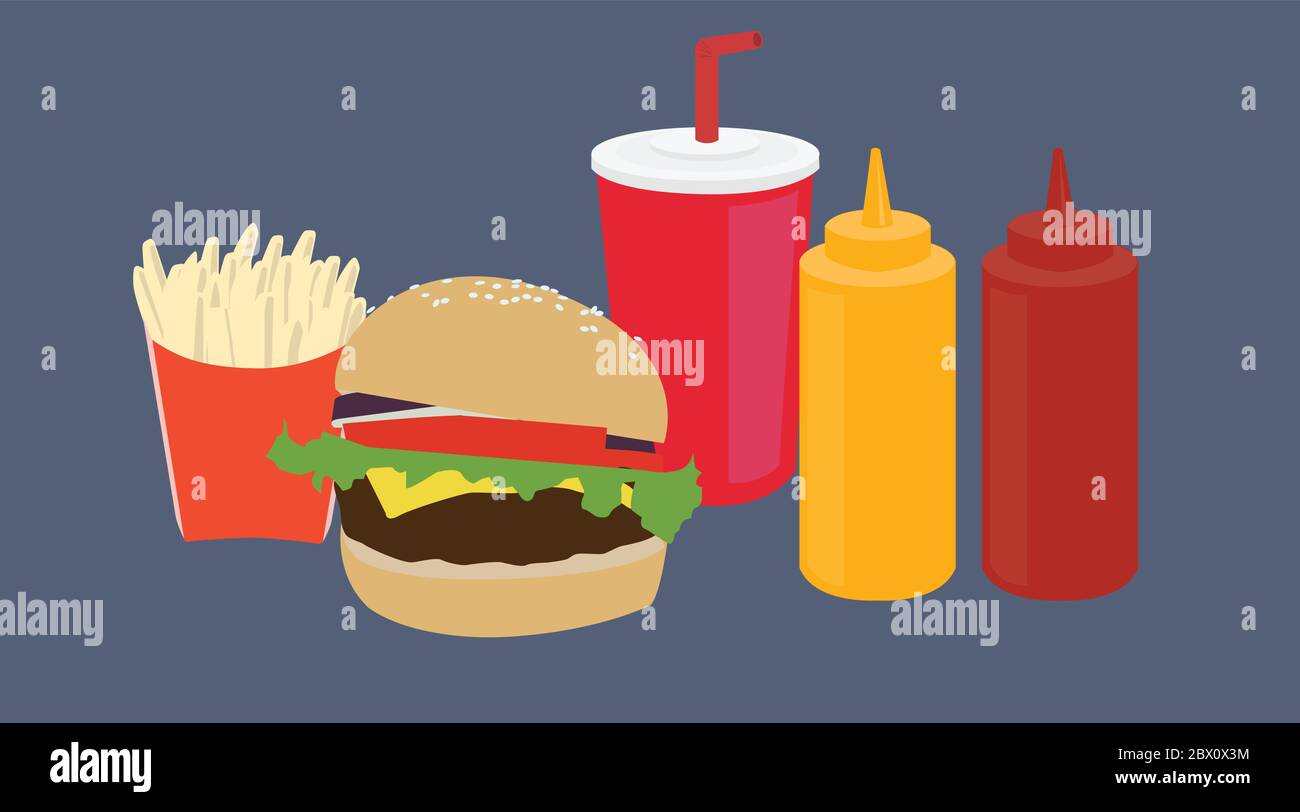 Vector Isolated Illustration d'un ensemble de hamburgers à emporter, avec hamburger, un sac de papier à emporter, des frites, des bouteilles de ketchup et de moutarde et une tasse à boissons avec un s. Illustration de Vecteur