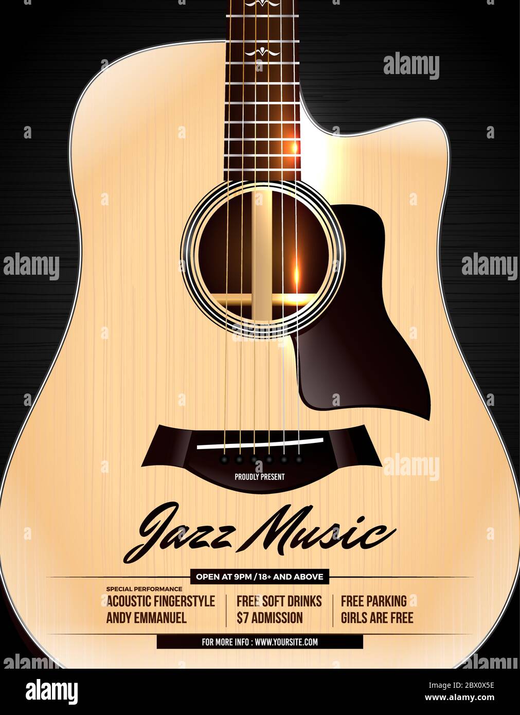 Affiche de concert de jazz de guitare acoustique Illustration de Vecteur