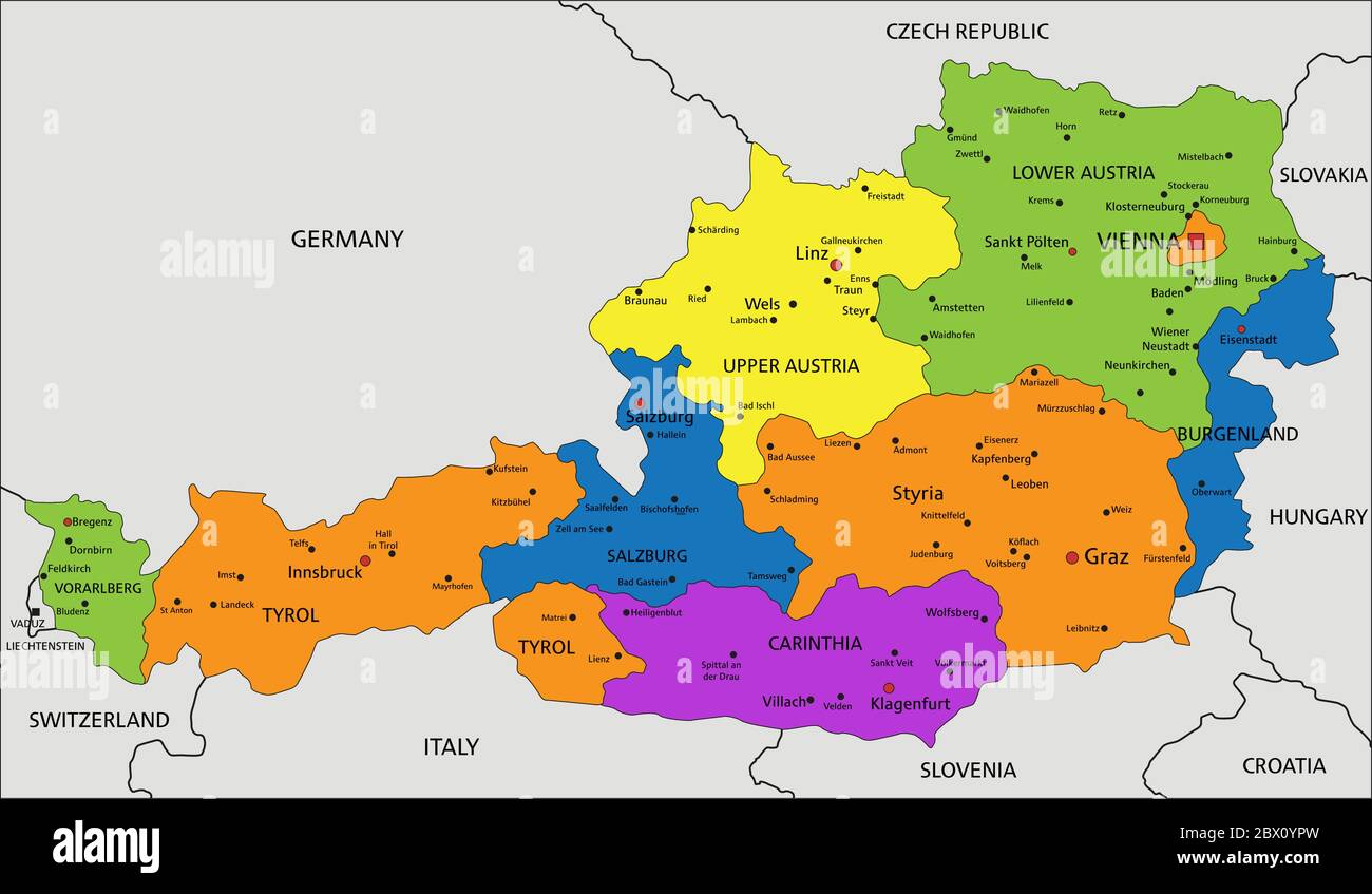 Carte politique autrichienne colorée avec des couches clairement étiquetées et séparées. Illustration vectorielle. Illustration de Vecteur