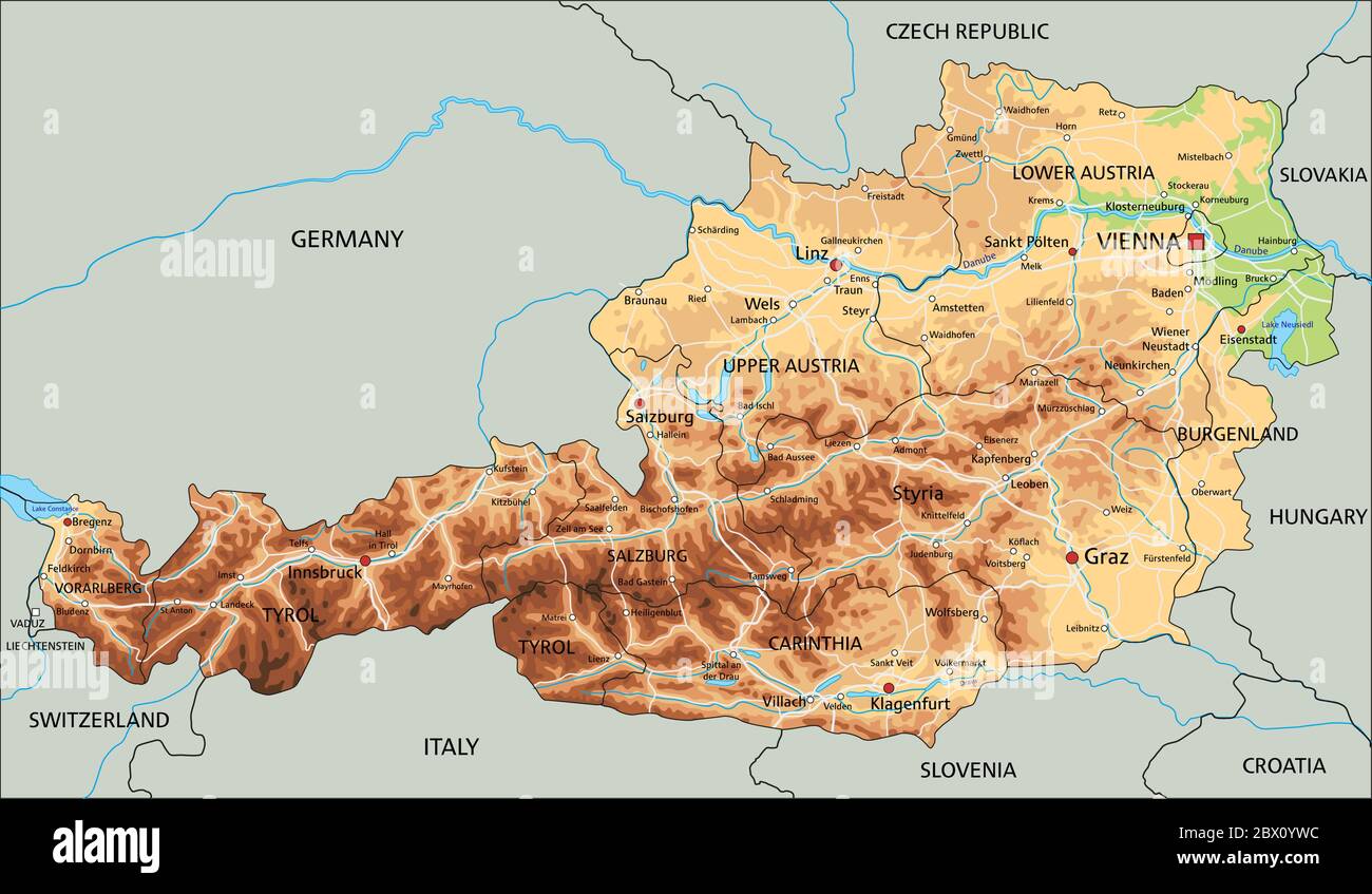 Carte physique Autriche haute précision avec étiquetage. Illustration de Vecteur