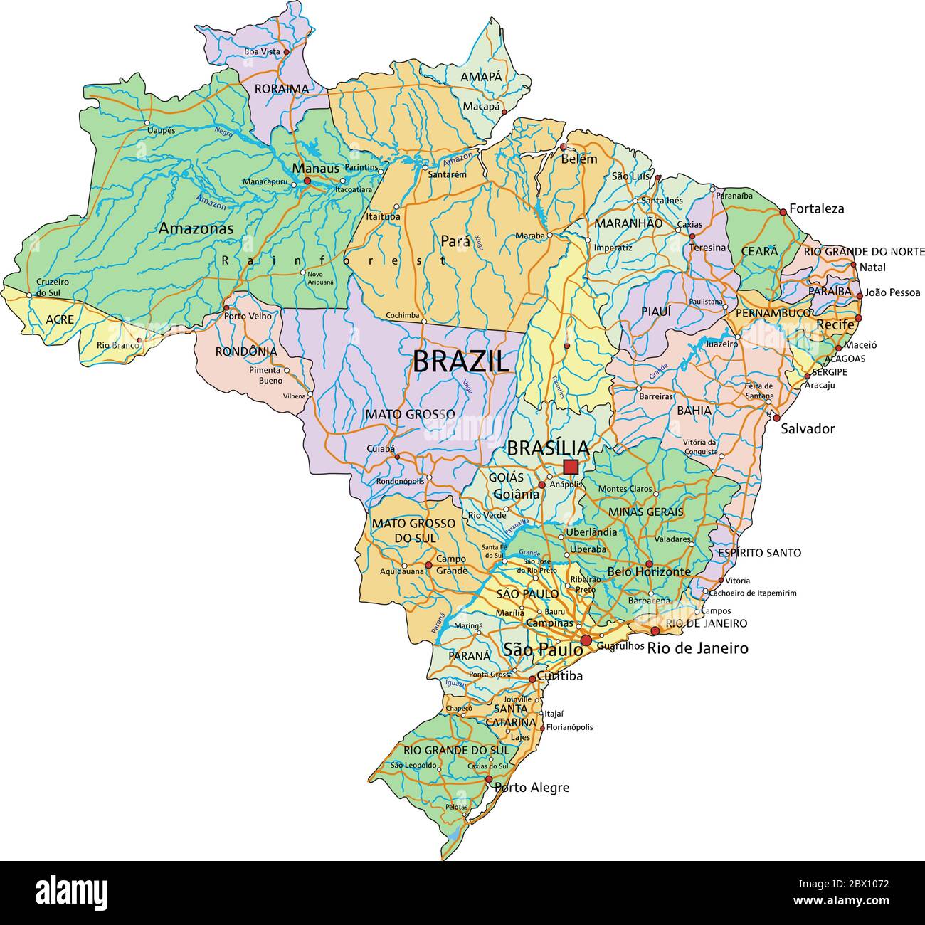 Brésil - carte politique modifiable très détaillée avec des couches séparées. Illustration de Vecteur