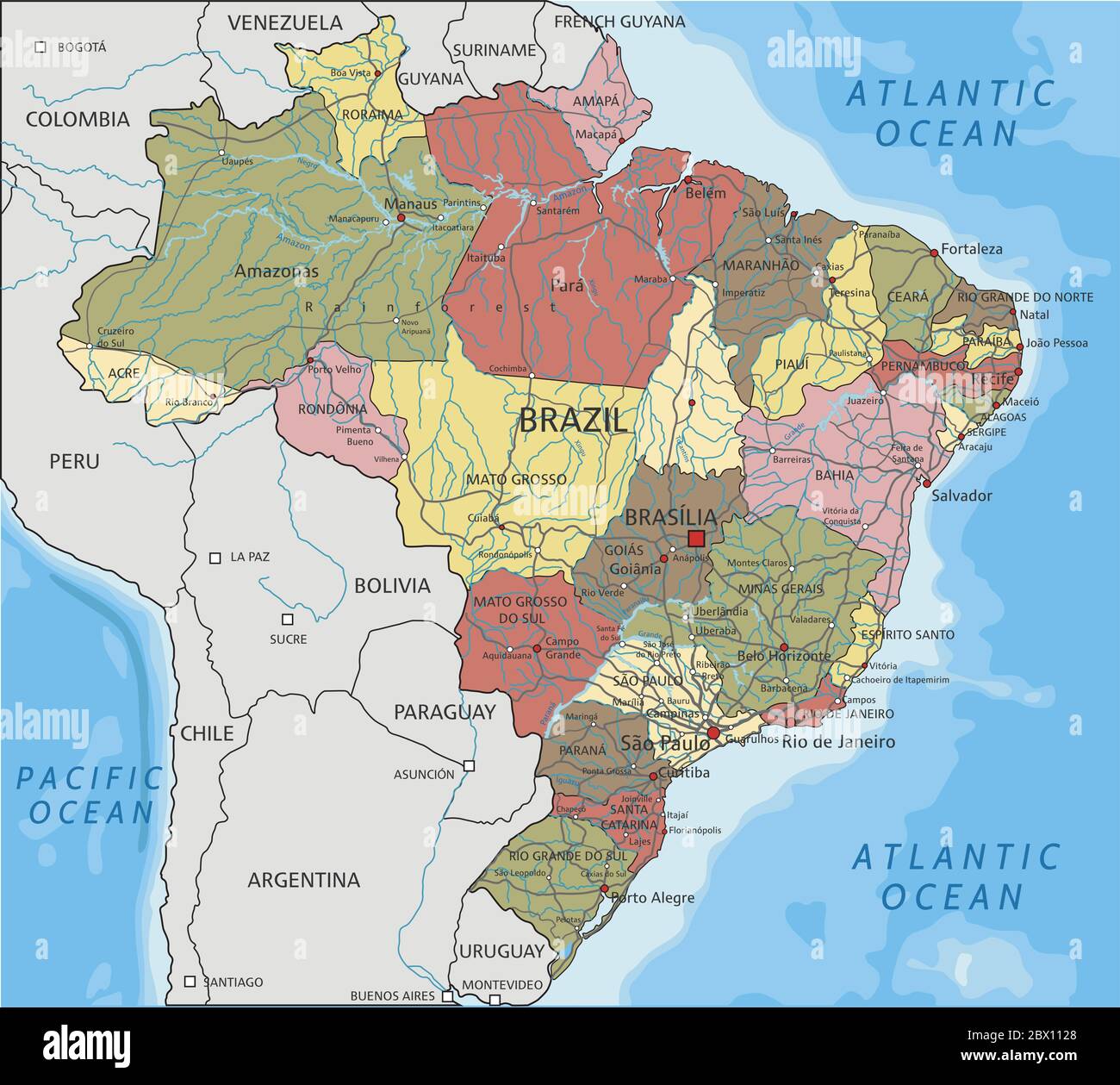 Carte politique détaillée du Brésil. Illustration de Vecteur