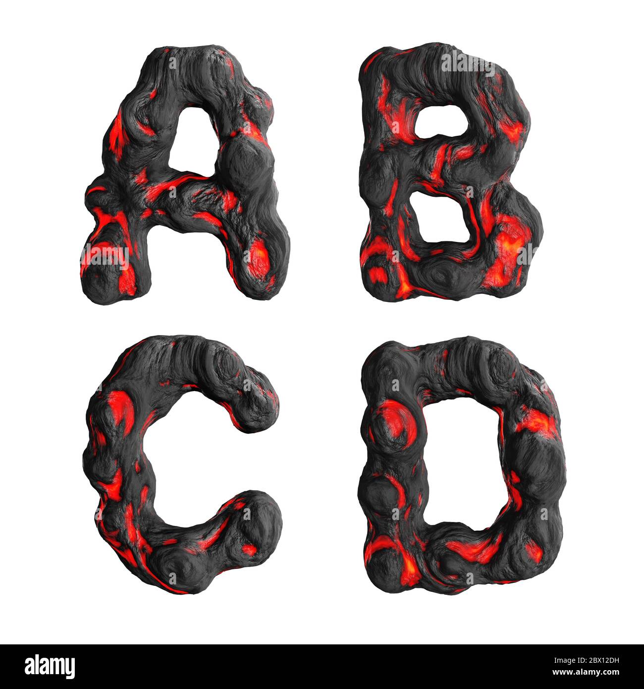 Rendu 3D des lettres majuscules chaudes de lave liquide sur blanc - lettres A-D. Banque D'Images