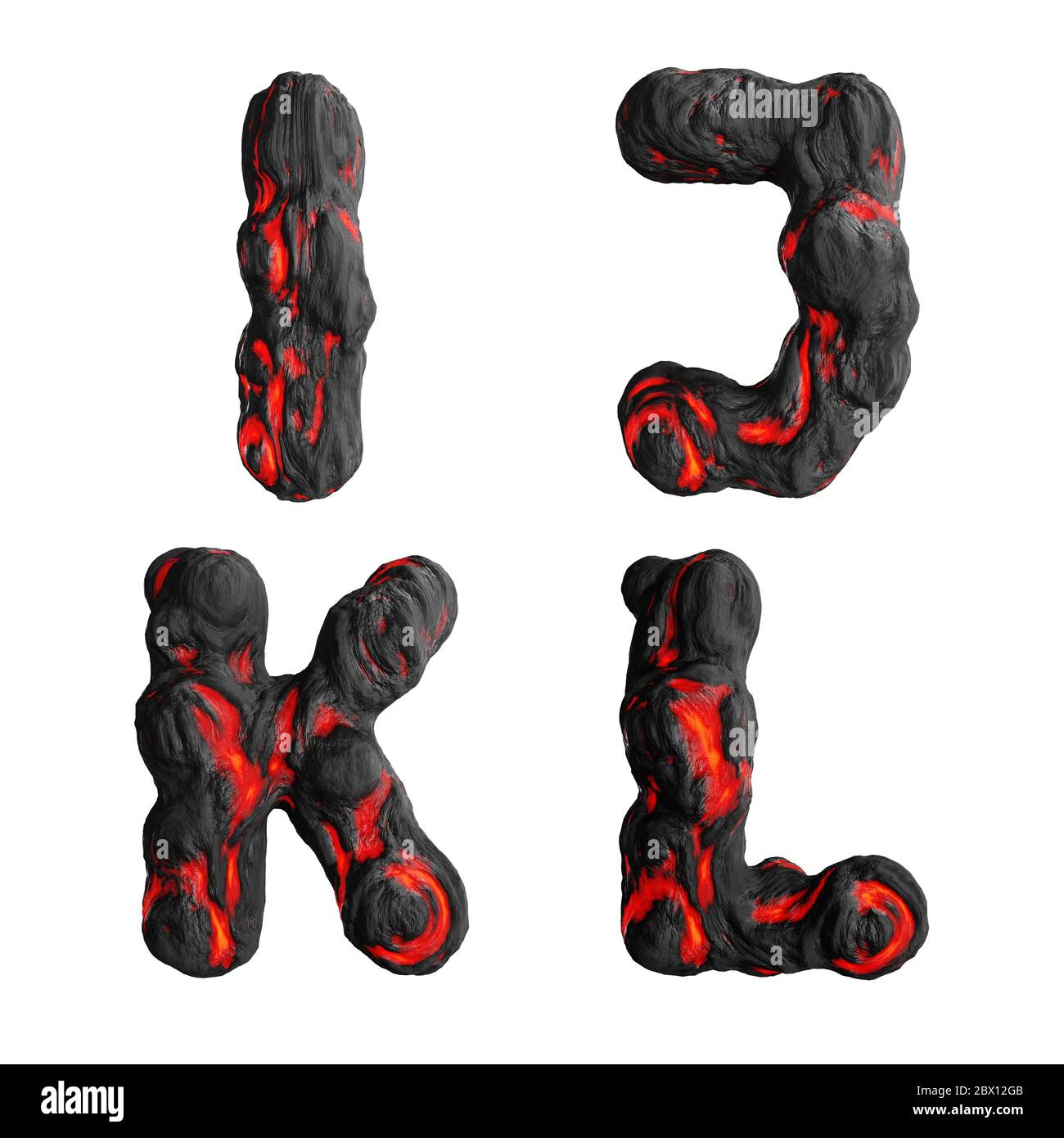 Rendu 3D des lettres majuscules chaudes de lave liquide sur blanc - lettres I-J Banque D'Images