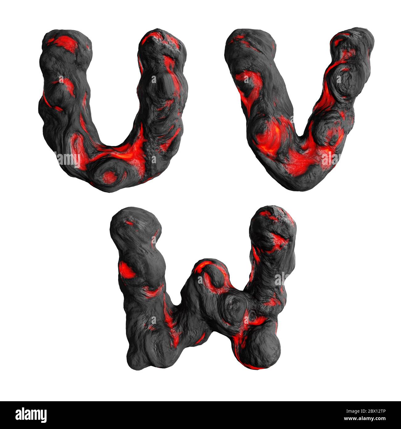 Rendu 3D des lettres majuscules chaudes de lave liquide sur blanc - lettres U-W Banque D'Images