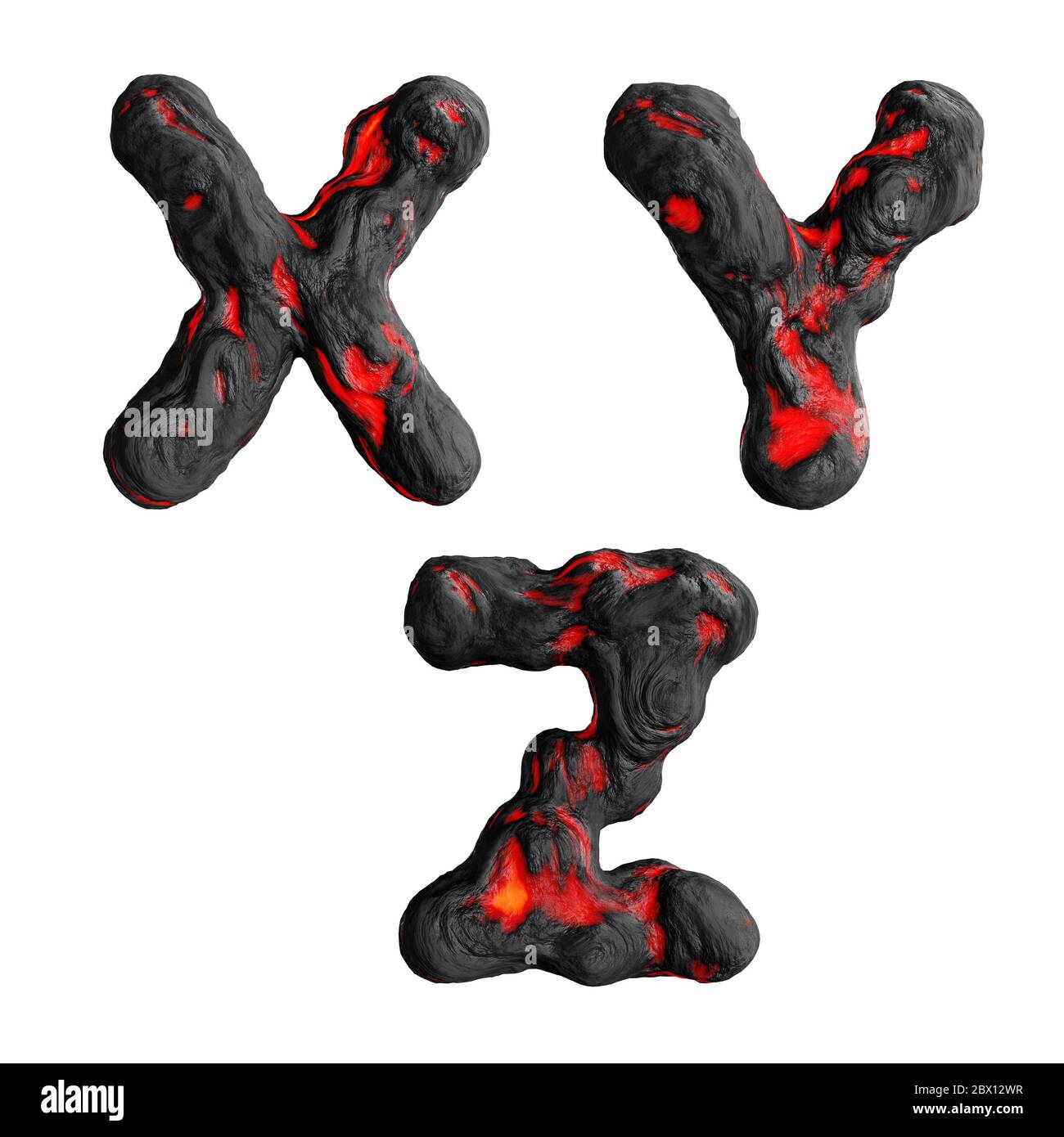 Rendu 3D des lettres majuscules chaudes de lave liquide sur blanc - lettres X-Z Banque D'Images
