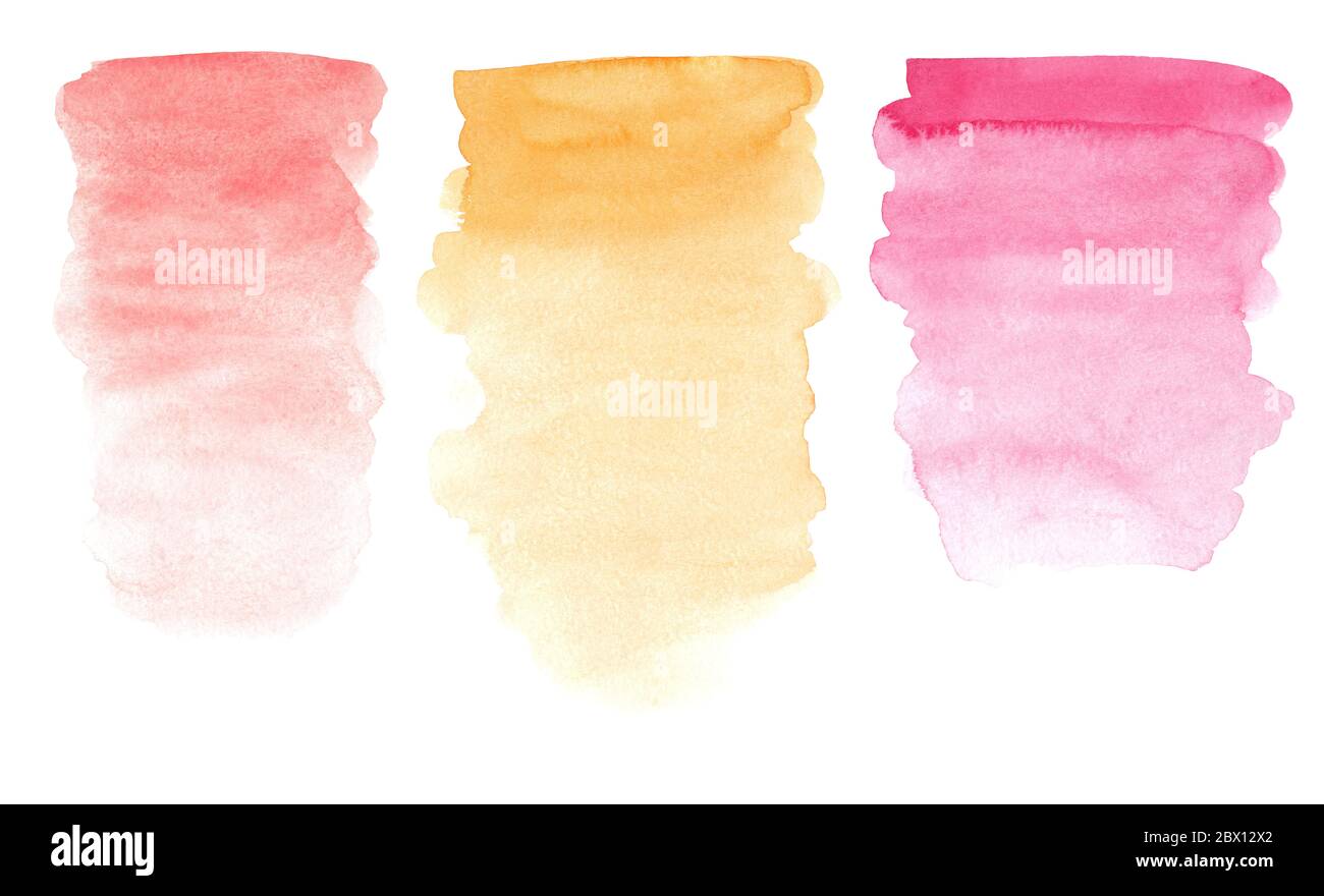Taches texturées décoratives aquarelle aux couleurs rose, jaune et orange. Texture de peinture tendance et traits de pinceau Banque D'Images