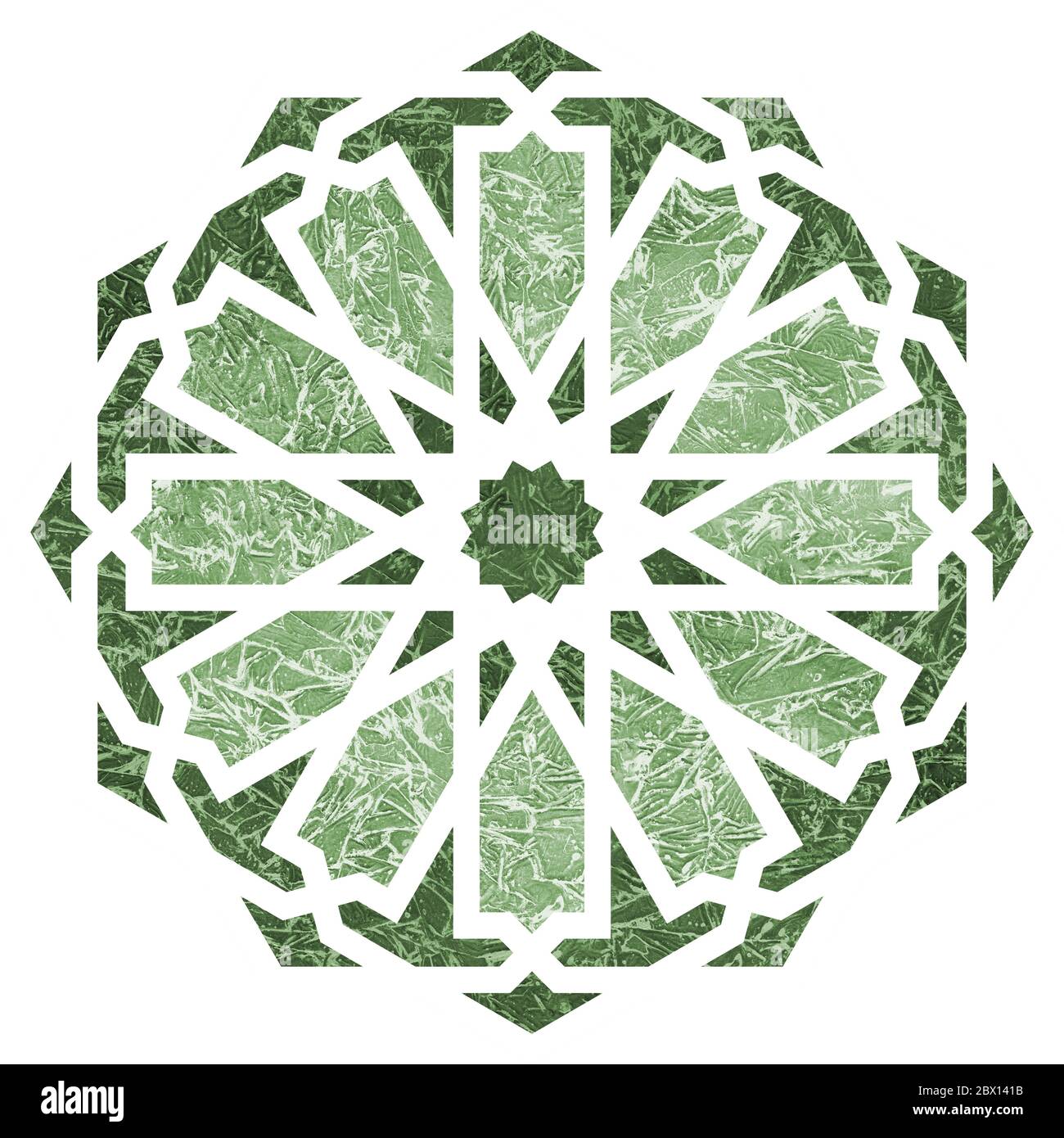Arabesque rond vieux vert géométrique élément texturé . Emblème ou signe isolé sur fond blanc Banque D'Images