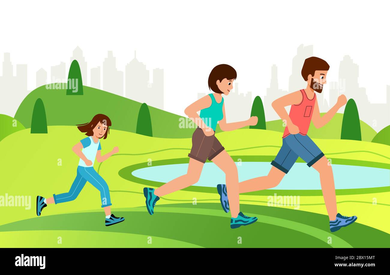 Exercice de jogging en famille dans le parc. Style de vie actif et Journée mondiale de la santé. Parents avec enfants faisant de la course et de l'entraînement. Illustration vectorielle Illustration de Vecteur