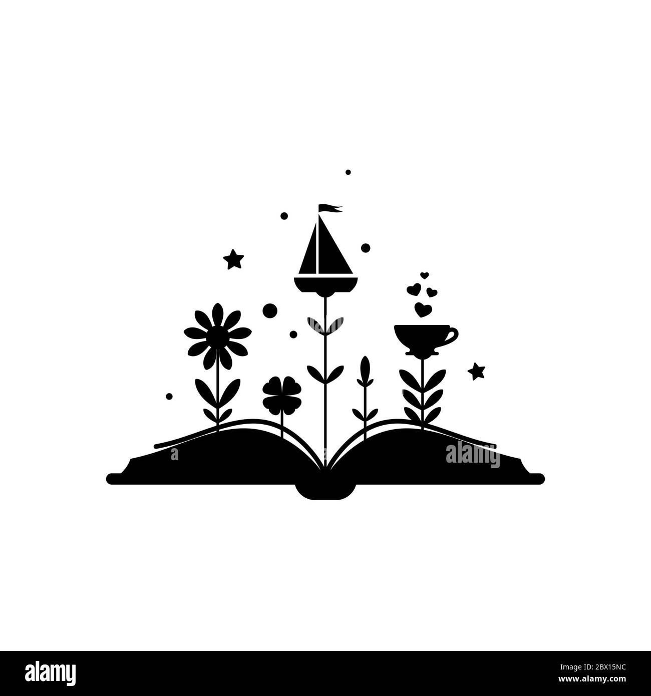Livre ouvert avec fleurs, pousses, bateau et tasse isolés sur fond blanc. Illustration vectorielle plate. Logo de lecture Magic Fairytale. Imagination et dans Illustration de Vecteur