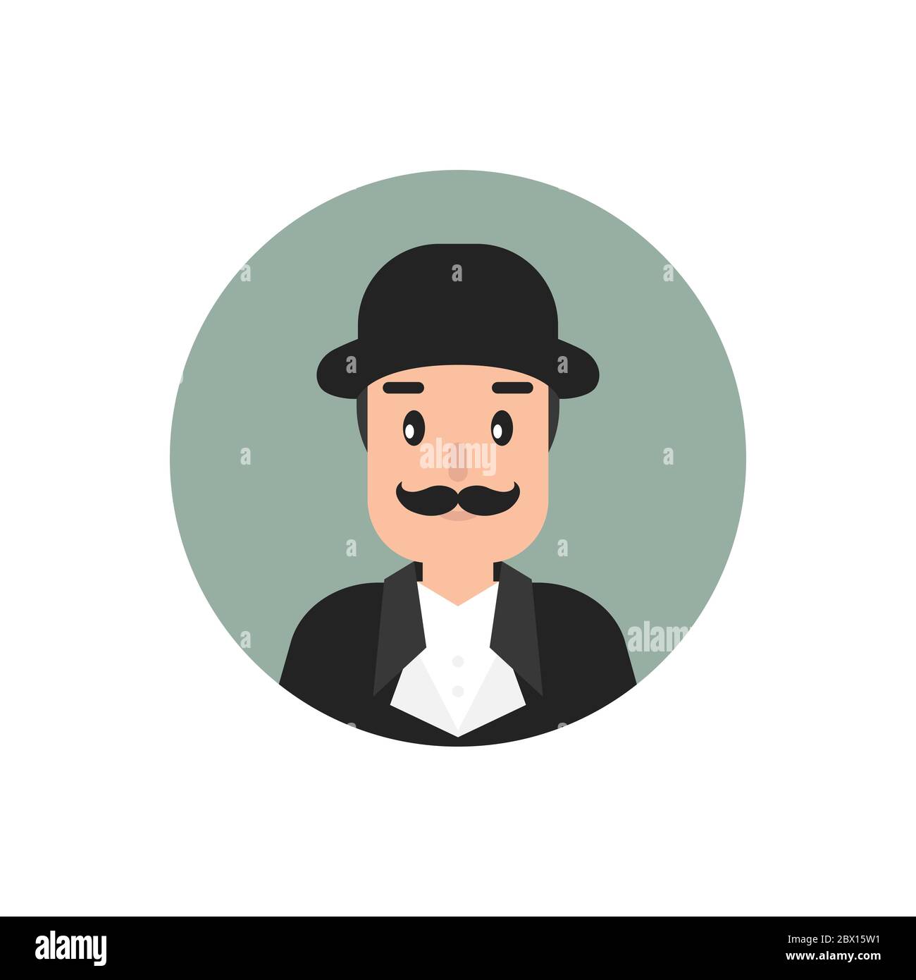 Avatar de gentleman dans un cercle vert. Tête de l'homme avec moustache et chapeau de melon. Rétro noir, avatar vintage. Isolé sur blanc. Illustration vectorielle plate. Illustration de Vecteur