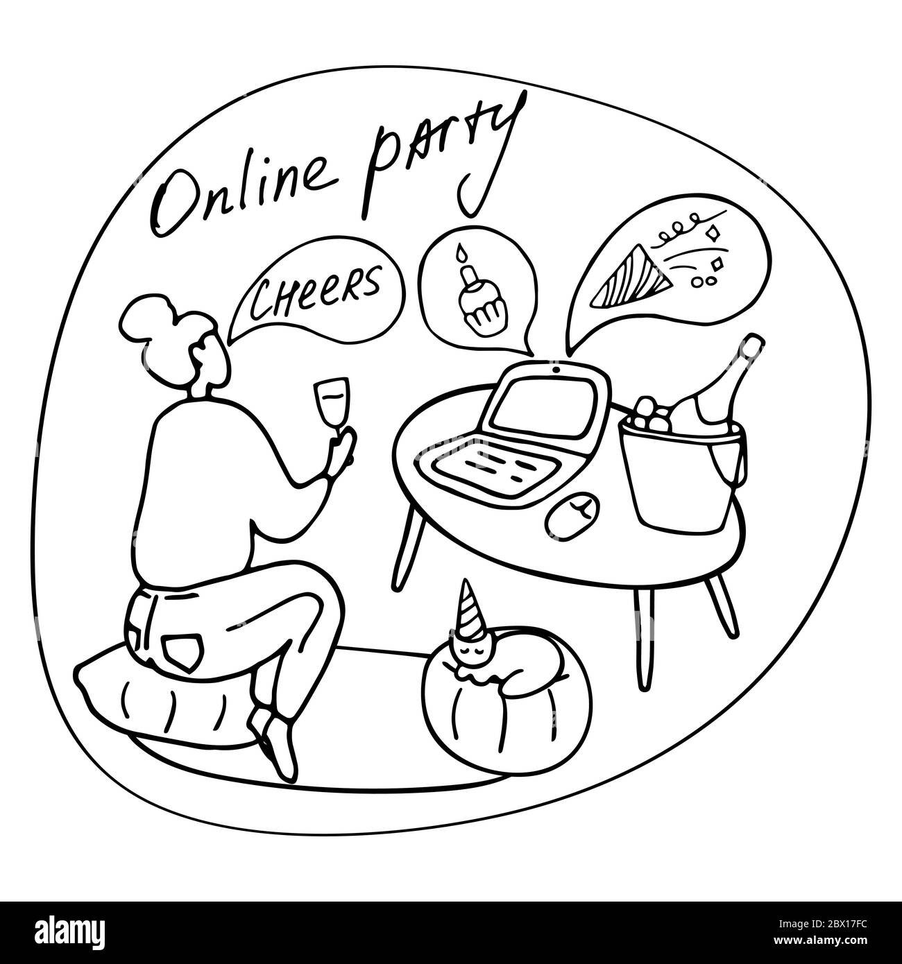 Une jeune femme boit du vin. Fête en ligne, fête d'anniversaire pendant la quarantaine. Réunion virtuelle d'amis. Communiquer avec les gens sur Internet. VEC Illustration de Vecteur