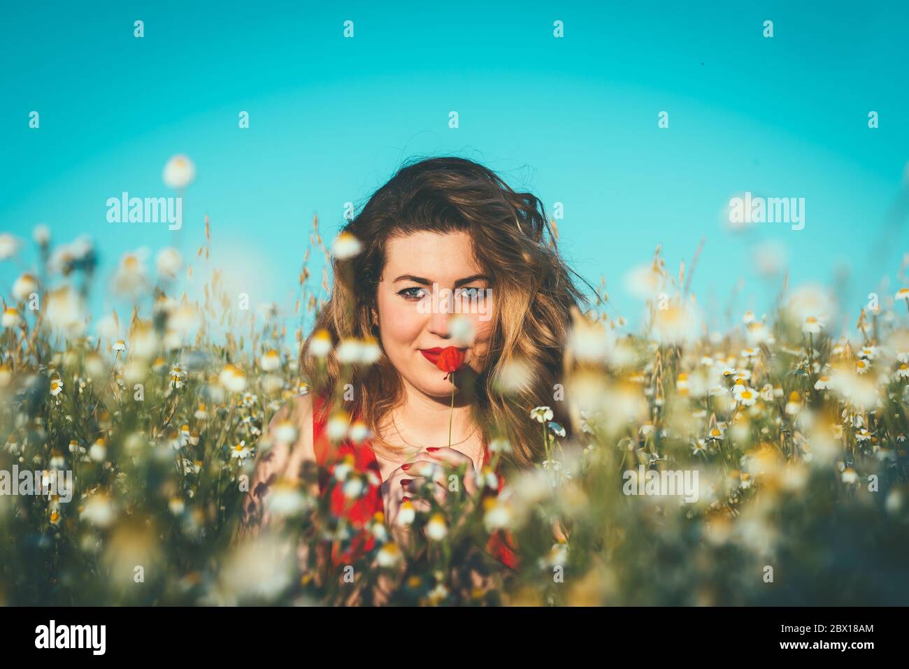 femme vêtue d'une robe rouge qui sent un coquelicot dans un domaine de pâquerettes Banque D'Images