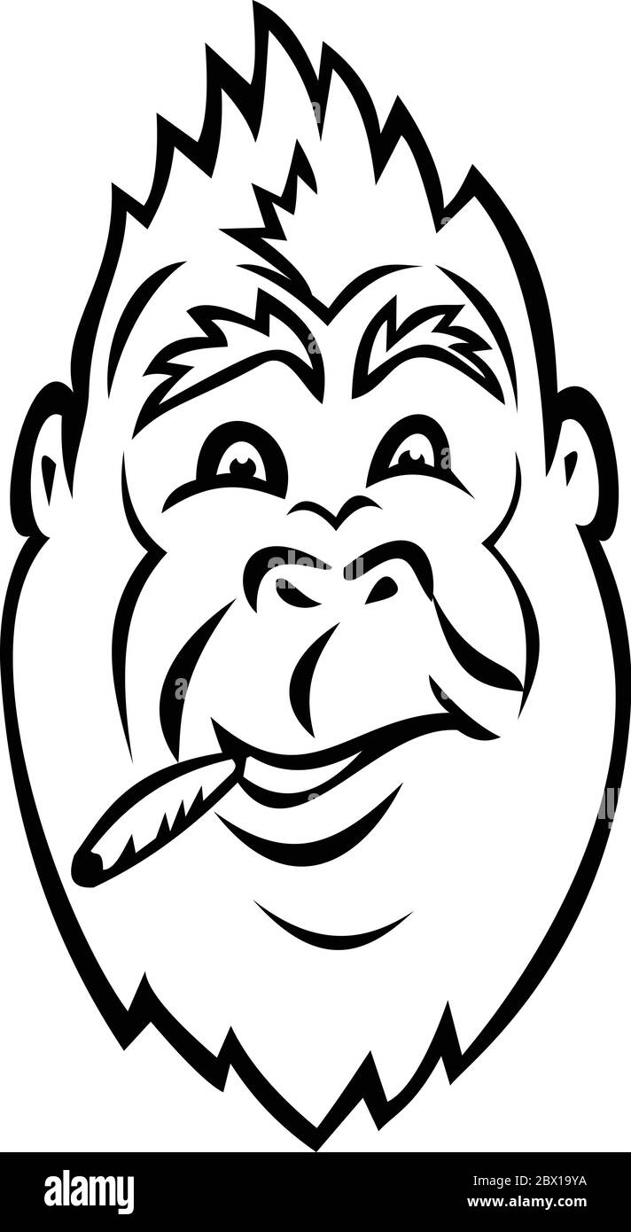 Mascotte noire et blanche illustration de la tête d'un gorille fumer une cigarette ou du cannabis, joint de marijuana vu de l'avant sur le backgrou blanc isolé Illustration de Vecteur