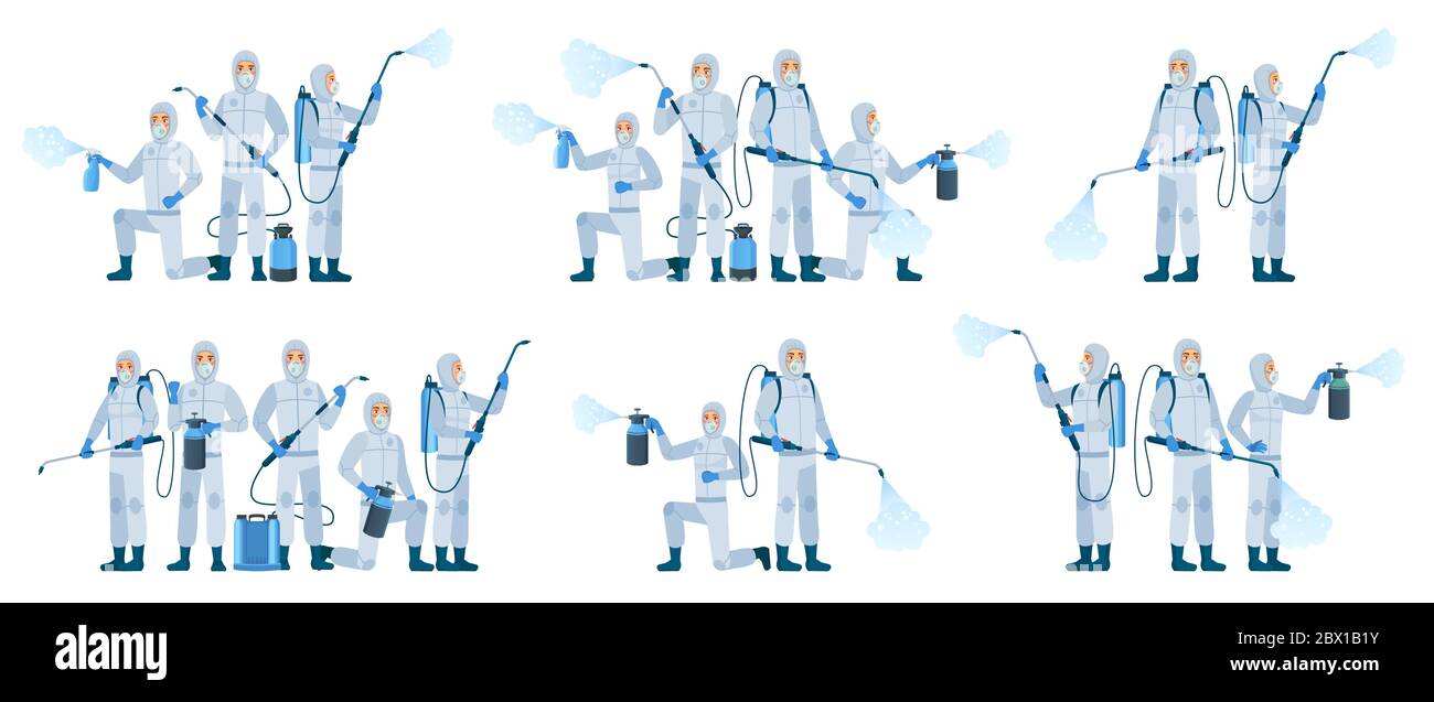 Désinfection antivirale. Les personnes portant des combinaisons de protection et des masques utilisent un spray désinfectant. Équipe de désinfection, vecteur de la protection du coronavirus Illustration de Vecteur