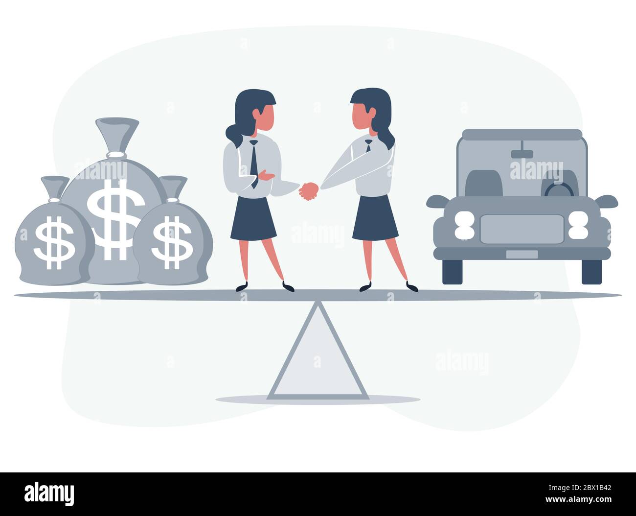 Les partenaires commerciaux qui se secouent la main comme symbole de l'unité. Les gens d'affaires se tenant sur la mer entre la voiture et trois sacs d'argent. Travail féminin. La femme achète un Illustration de Vecteur