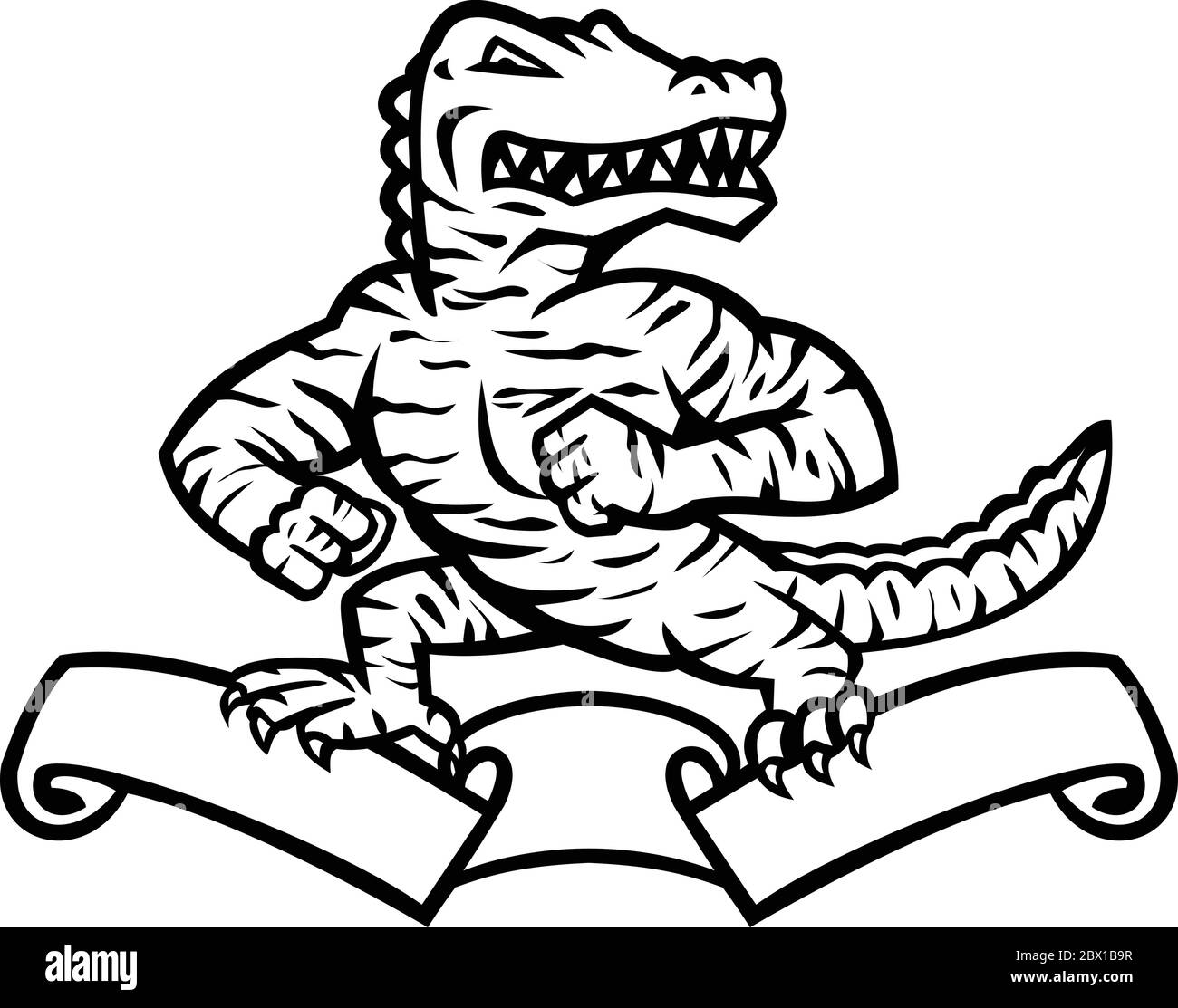 Illustration mascotte d'un alligator, d'un alligator ou d'un crocodile de reptilan féroces en bandes de tigre debout en position de combat sur le dessus du ruban ou sur la spirale Illustration de Vecteur
