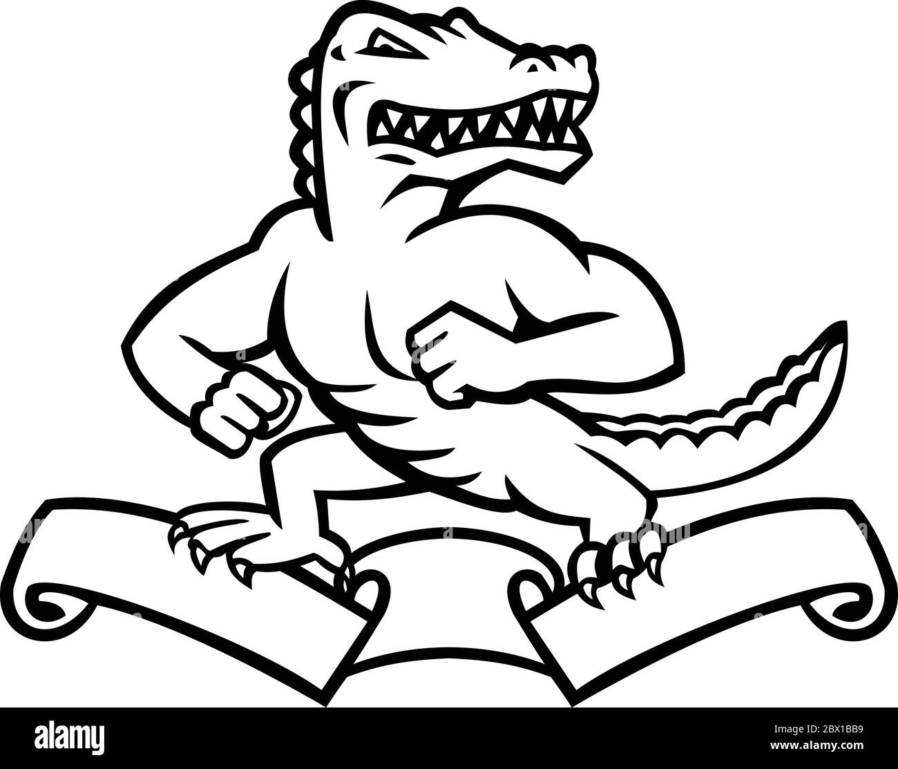 Illustration mascotte d'un alligator, d'un alligator ou d'un crocodile de reptilane ferocieux debout en position de combat sur le dessus du ruban ou sur un backgrou isolé Illustration de Vecteur