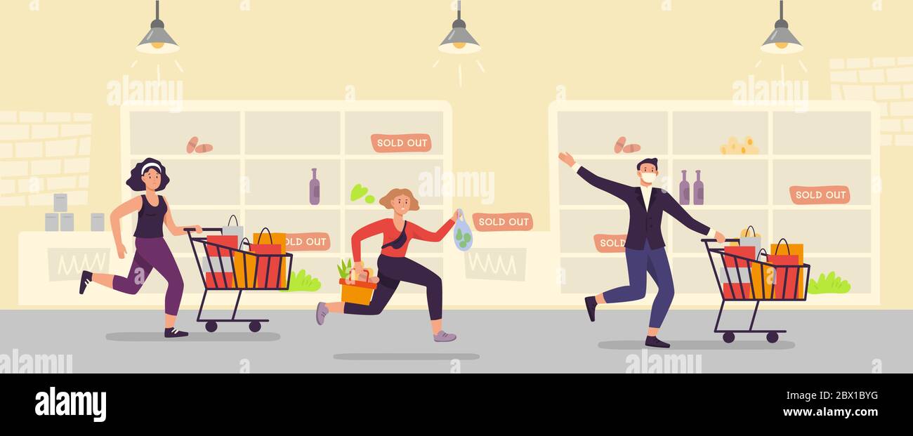Achat panique. Les gens courent avec le chariot complet au supermarché Illustration de Vecteur