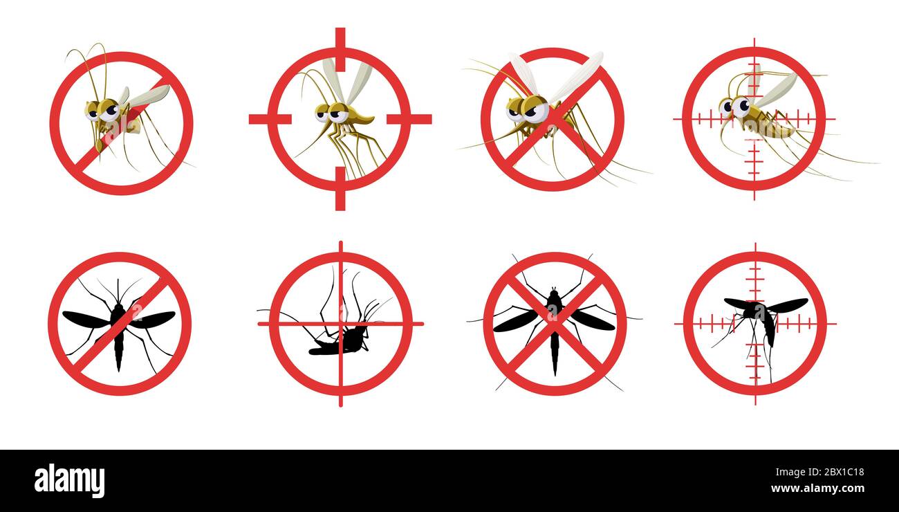 Panneau anti moustique. Cible informative de moustique rouge interdite, signalisation stop gnat morsure infection dangereuse, soins d'assainissement. Ensemble de vecteurs Illustration de Vecteur