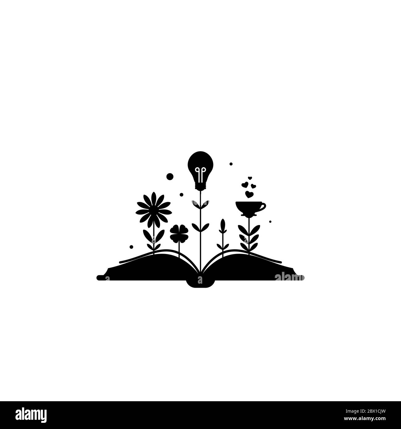 Livre ouvert avec fleurs, bulbe, tasse et pousses isolées sur fond blanc. Illustration vectorielle plate. Logo de lecture Magic Fairytale. Imagination et dans Illustration de Vecteur