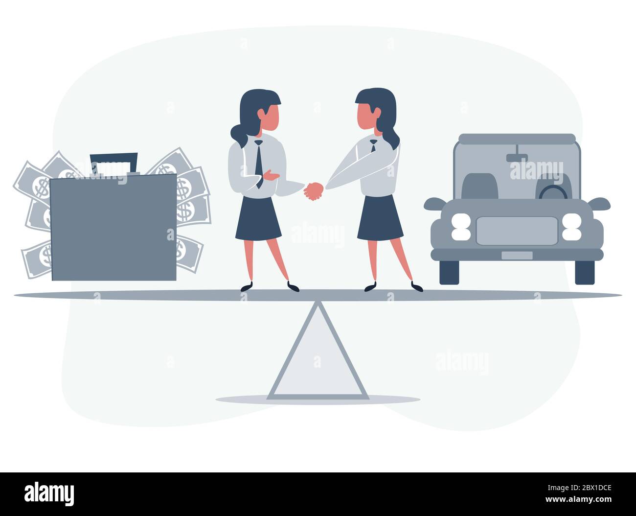 Les partenaires commerciaux qui se secouent la main comme symbole de l'unité. Les gens d'affaires se tenant sur la mer entre la voiture et une valise d'argent. Travail féminin. Femme achète Illustration de Vecteur