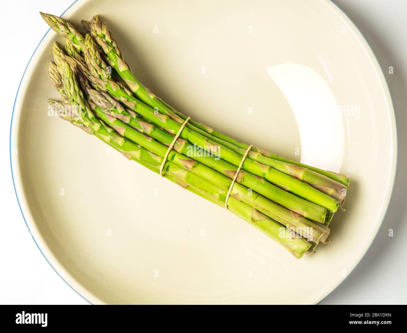Un bouquet d'asperges dans un bol sur fond blanc Banque D'Images