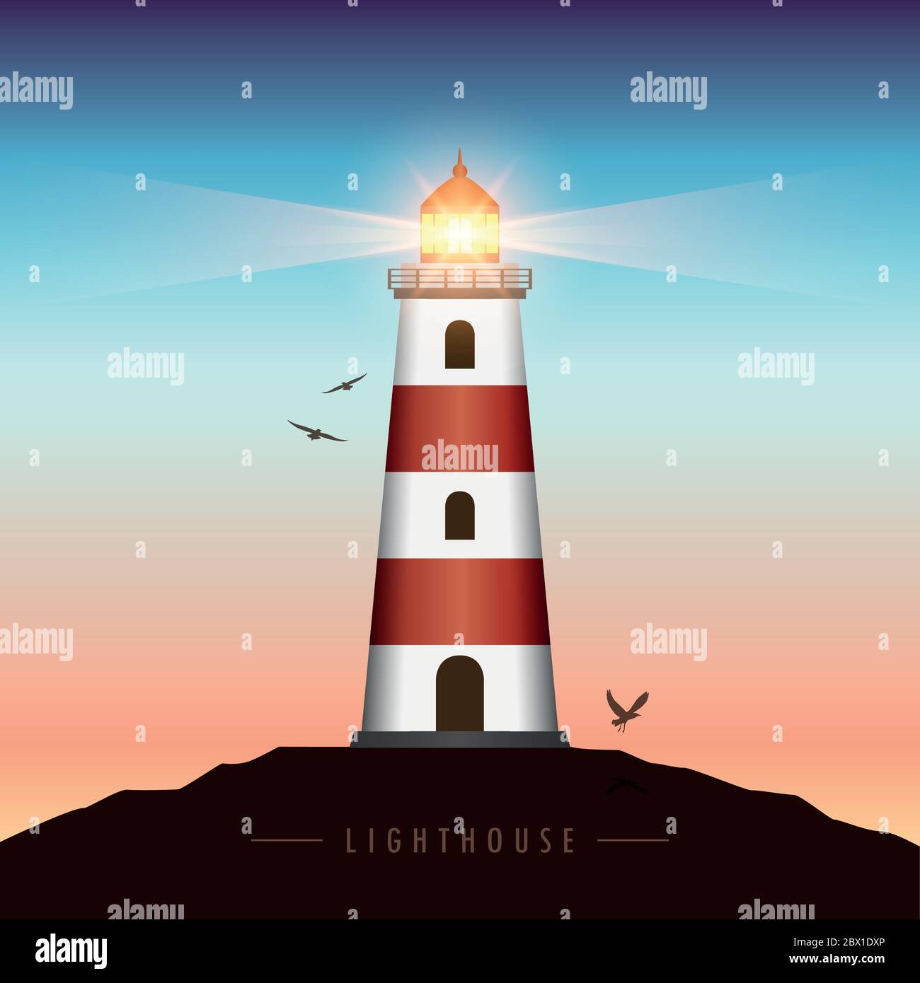 Phare brillant au coucher du soleil avec illustration vecteur d'oiseaux volantes EPS10 Illustration de Vecteur