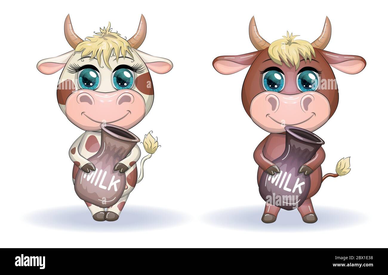 Mignonne vache de dessin animé, taureau avec un pichet de lait, symbole