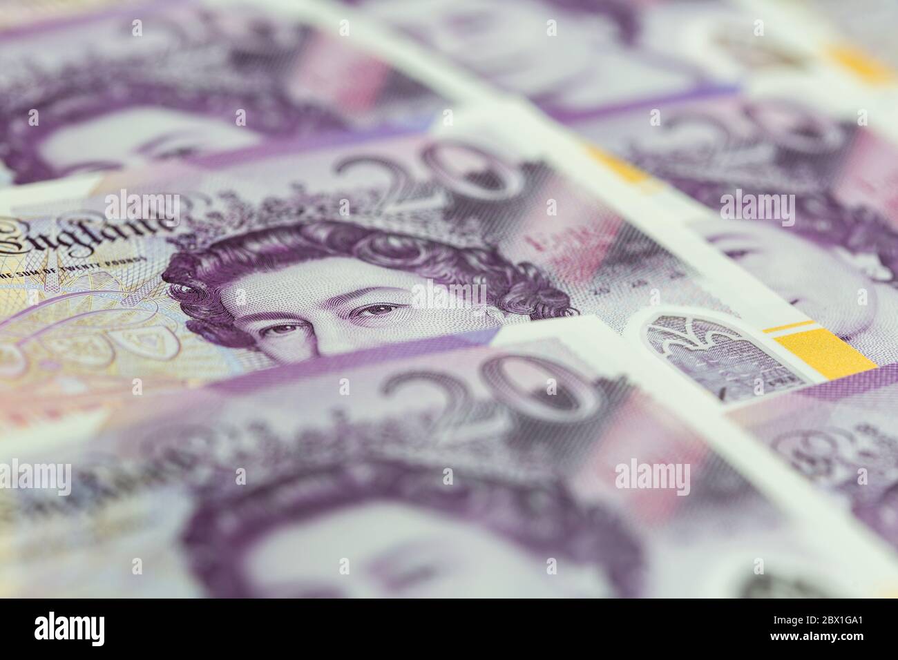 Gros plan sur des billets de 20 livres sterling Banque D'Images