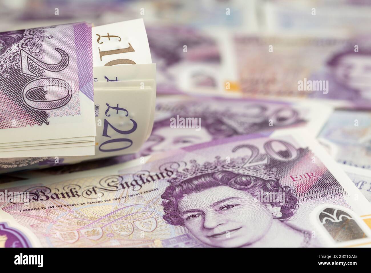 Gros plan sur des billets de 20 livres sterling Banque D'Images