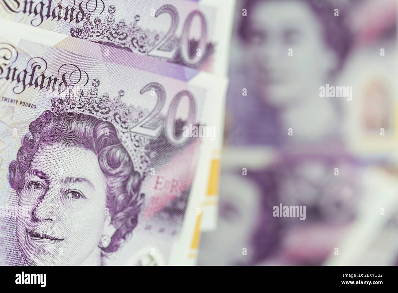 Gros plan sur des billets de 20 livres sterling Banque D'Images