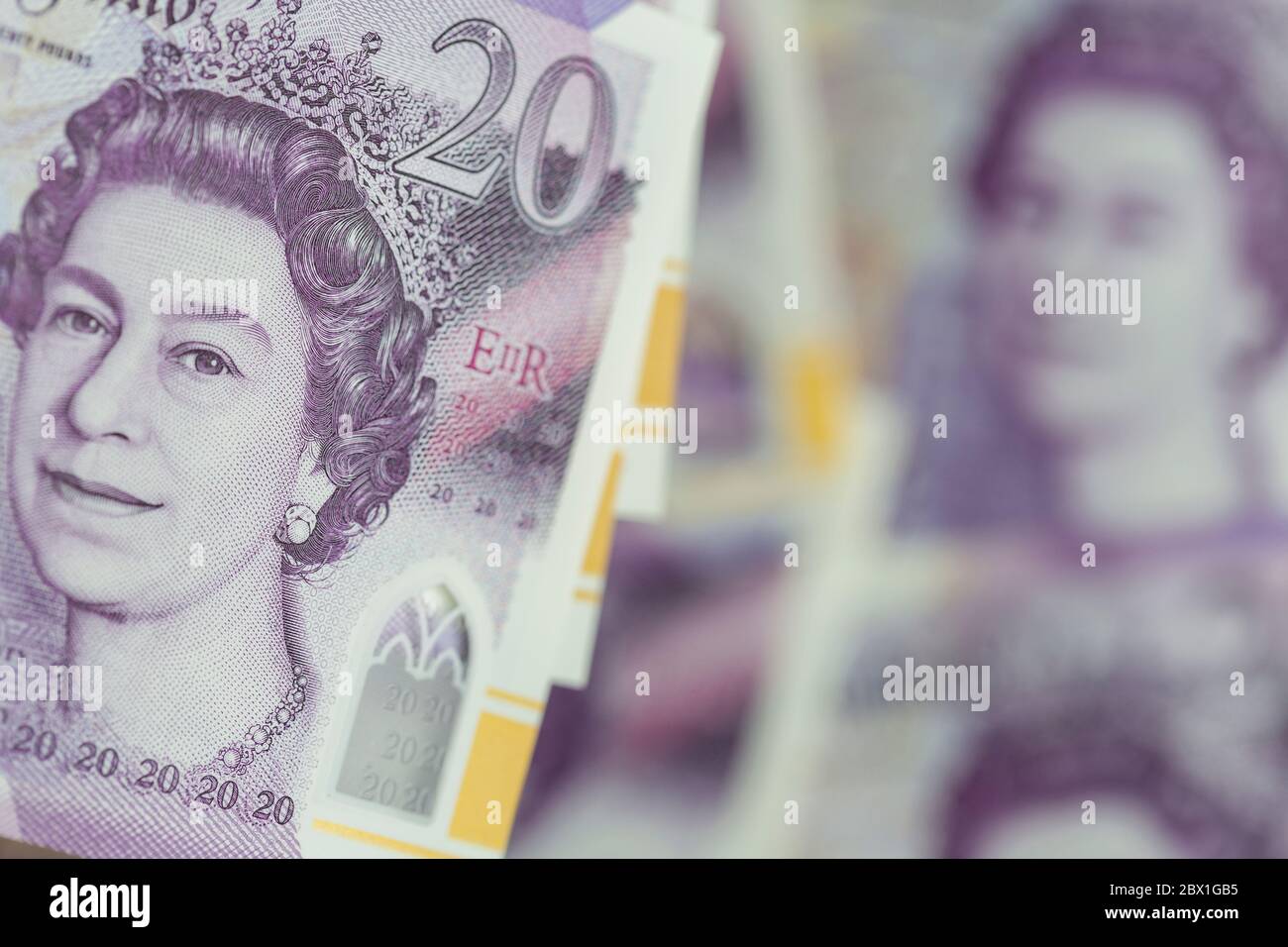 Gros plan sur des billets de 20 livres sterling Banque D'Images