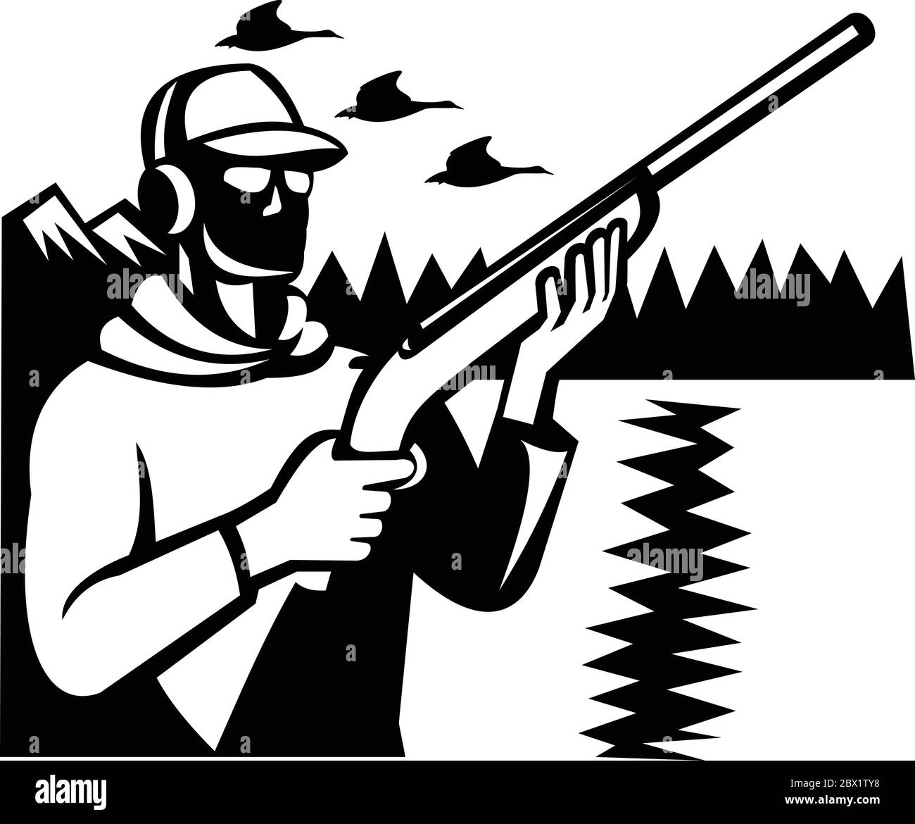 Illustration noire et blanche d'un chasse-canard de chasseur d'oiseaux chasse avec fusil de chasse aux oies volant et montagnes fait dans le style rétro sur isolé Illustration de Vecteur