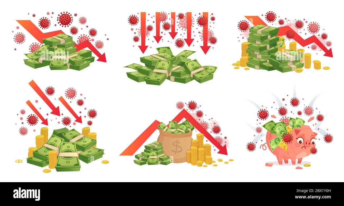 COVID-19 crise économique mondiale. Ensemble d'illustrations de scénarios de crise de crise de crise de corona, de répercussions financières de pandémie, de coronavirus sur la pile d'argent Illustration de Vecteur