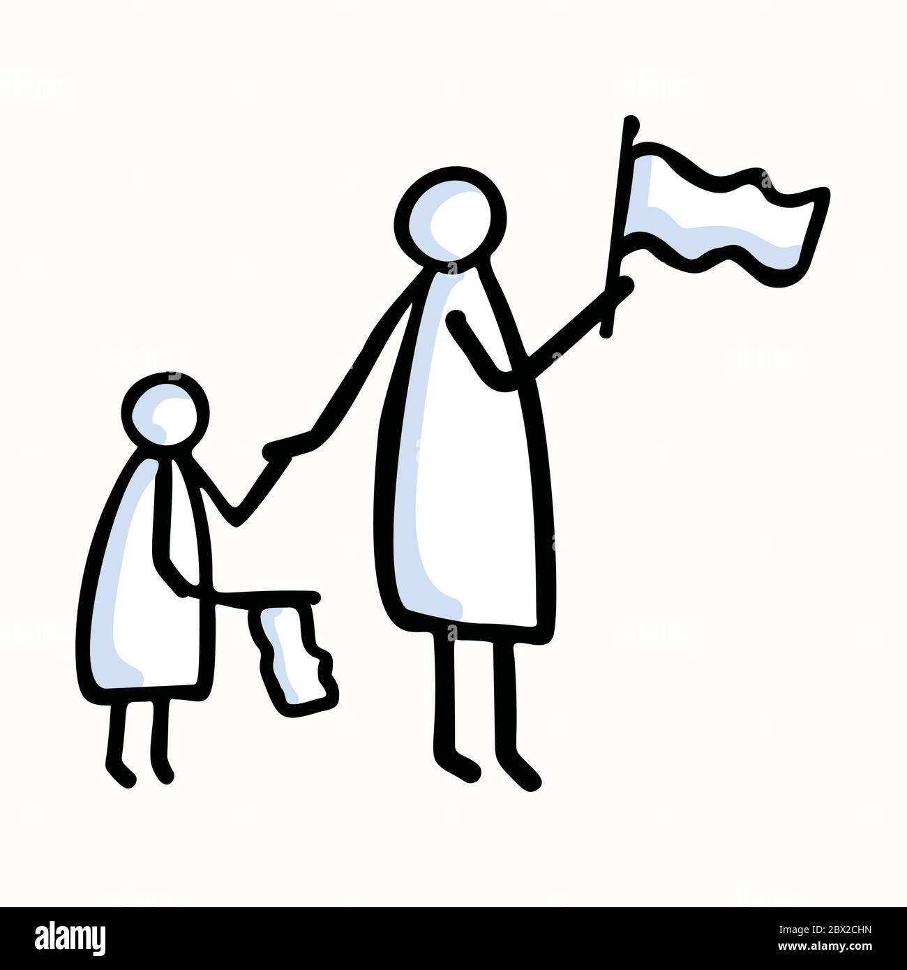 Figurine de bâton de mère et d'enfant personnes agitant le drapeau. Motif d'icône de Doodle humain isolé dessiné à la main. Elément d'attache. Blanc noir pour encouragement Illustration de Vecteur