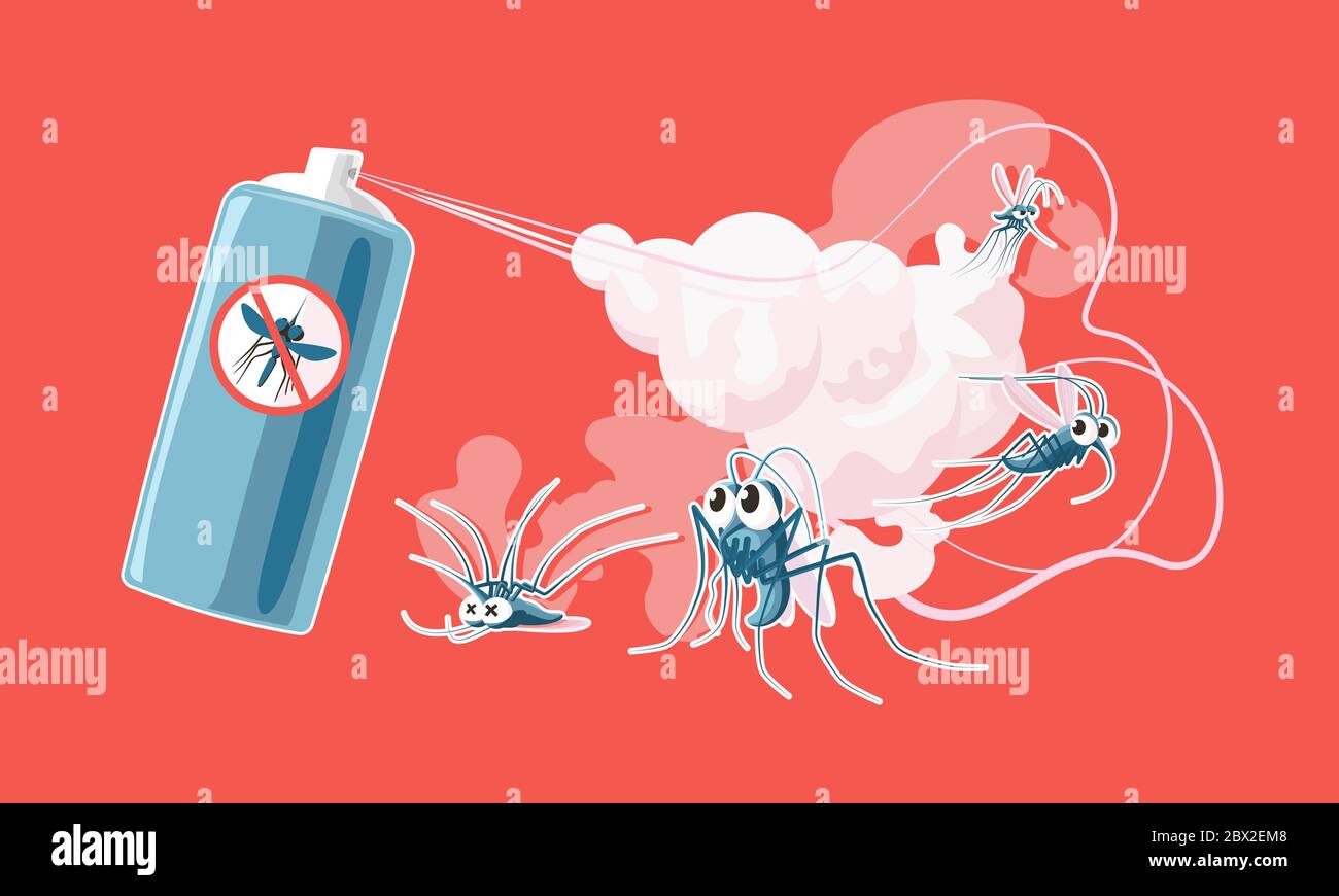 Anti moustique en spray. Moustiques effrayés et morts, insecticide pulvérisé nuage de poison et bouteille de protection d'été insecte vecteur de dessin animé Illustration de Vecteur