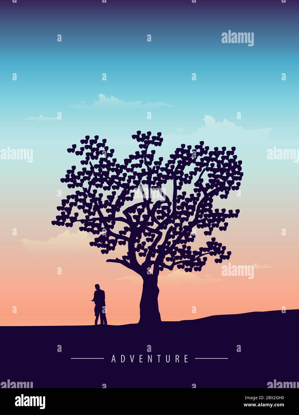 Couple amoureux se tient sous un grand arbre à coucher de soleil vecteur illustration EPS10 Illustration de Vecteur
