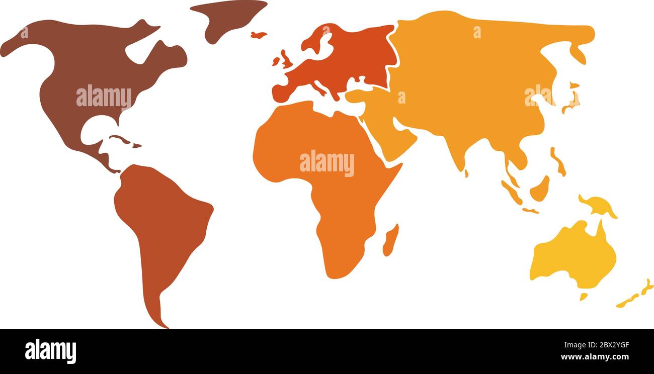 Carte du monde multicolore divisée en six continents dans différentes couleurs - Amérique du Nord, Amérique du Sud, Afrique, Europe, Asie et Australie Océanie. Carte vectorielle vide de silhouette simplifiée sans étiquette. Illustration de Vecteur