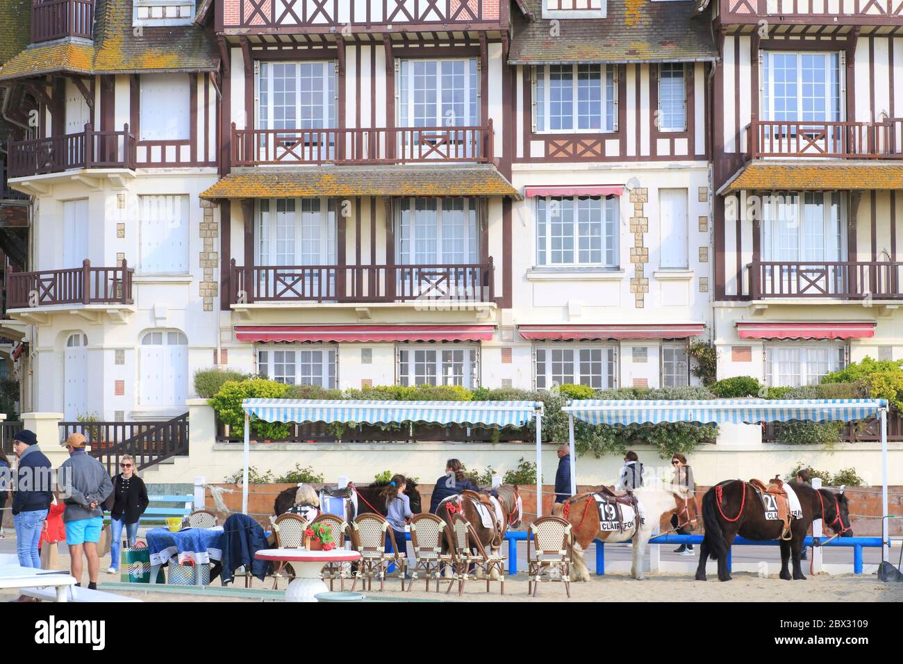France, Calvados, pays d'Auge, Trouville sur Mer, club de plage avec poney et les planches Promenade Savignac en arrière-plan et un bâtiment en bord de mer du début du XXe siècle Banque D'Images