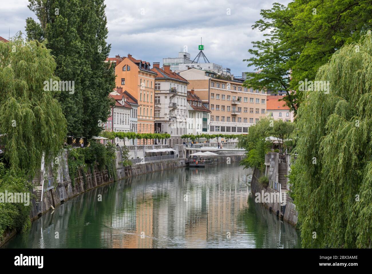 Green quais de la rivière Ljubljanica. Vue depuis le pont des cordonniers (plus Sustarski), Ljubljana, Slovénie Banque D'Images