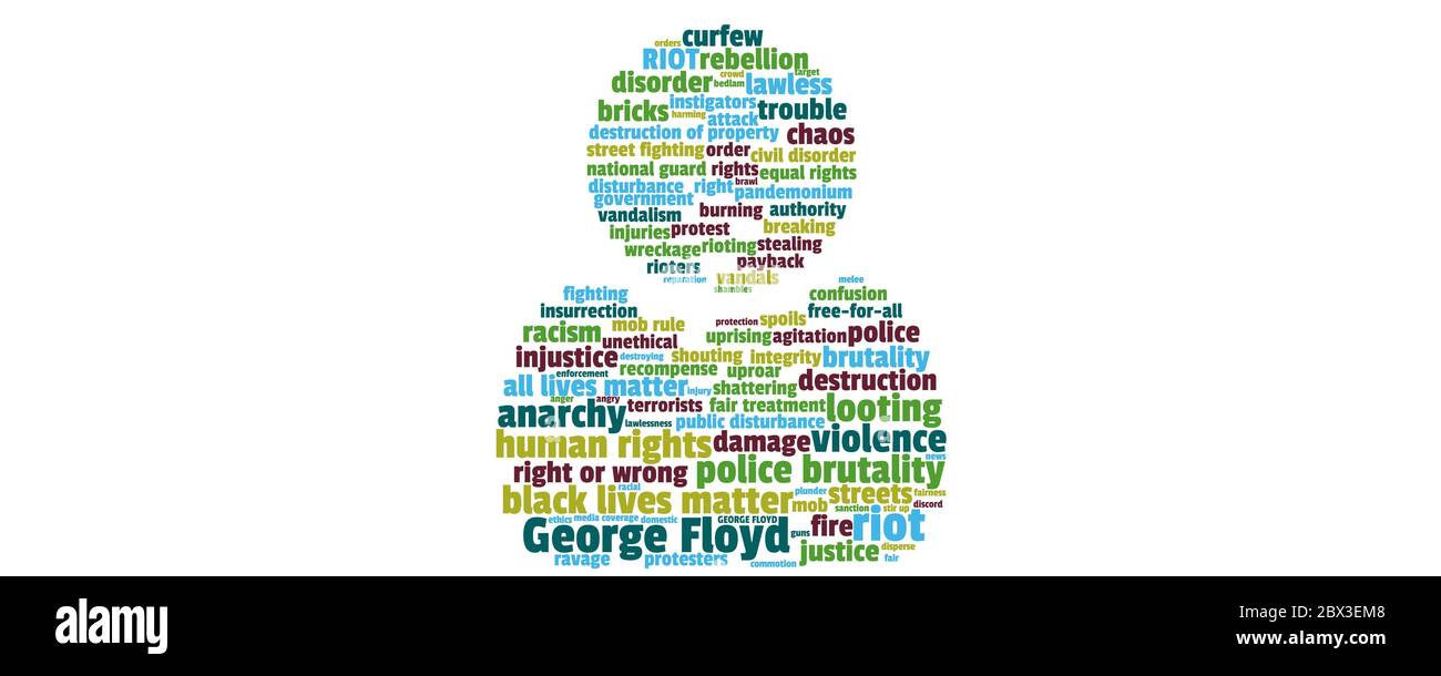 Nuage de mots coloré sur fond blanc, texte se référant au racisme, les vies comptent, George Floyd, violence, enracinement, avec espace vide pour la copie, texte Banque D'Images