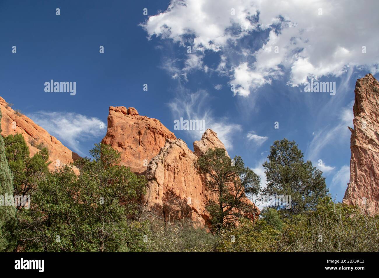 D'énormes rochers rouges jerrent hors du sol, parmi les arbres, sous un ciel bleu spectaculaire avec des nuages dans Garden of the Gods près de Colorado Springs USA. Banque D'Images