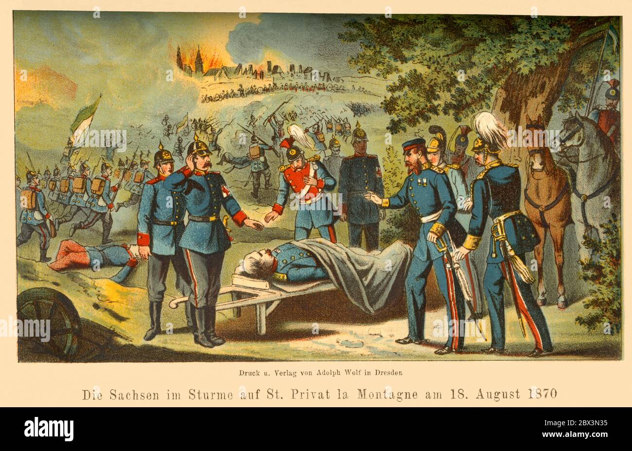 Europa, Deutschland, Frankreich, Deutsch-Französischer Krieg , 1870-1871, Originaltext : ' Die Sachsen im Sturm auf St. Privat la montagne am 18. Aout 1870 ' , Motiv aus dem Buch : ' Die Kriegs-Chronik von 1870-1871 ' von Franz Lubojatzky , Druck und Verlag von Adolph Wolf, Dresde, 1874 ? . / Europe, Allemagne, France, guerre franco-prussienne , 1870-1871 , texte original : ' la Saxe prise de contrôle de Saint Privat la montagne sur 18. 08. 1870 ' , image du livre : ' Die Kriegs-Chronik von 1870-1871 ' ( chronique de la guerre ) , par Franz Lubojatzky, maison d'édition Adolph Wolf, Dresde, 1 Banque D'Images