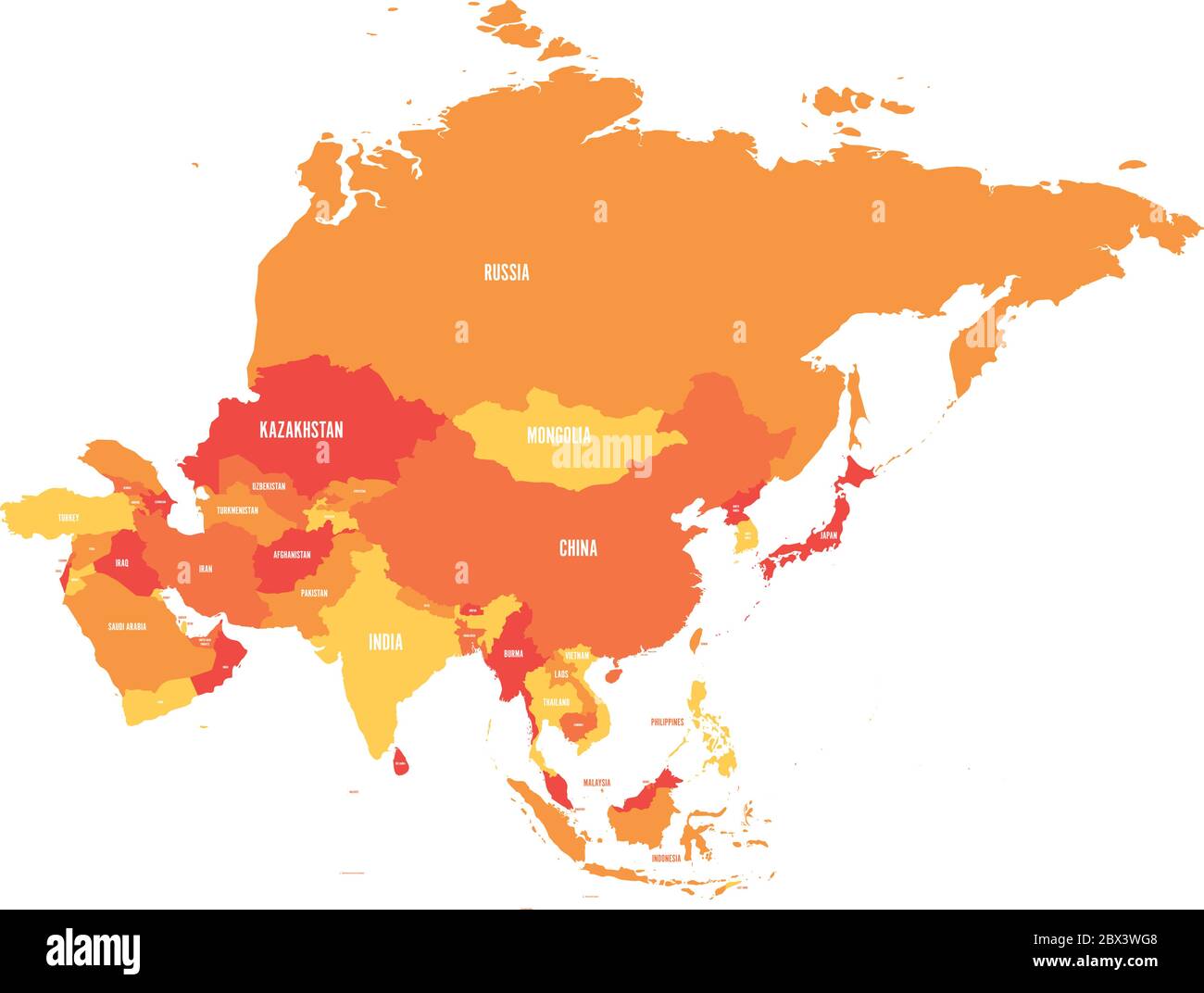 Carte politique du continent asiatique dans les tons d'orange. Illustration vectorielle. Illustration de Vecteur