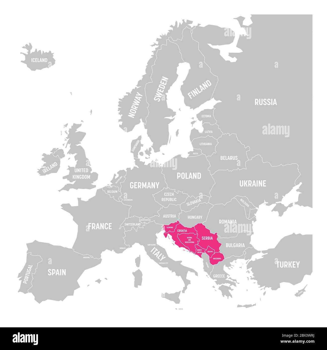 États de l'ex-Yougoslavie. Slovénie, Serbie, Croatie, Monténégro, Bosnie-Herzégovine, Kosovo et Macédoine en rose mis en évidence sur la carte politique de l'Europe. Illustration vectorielle. Illustration de Vecteur