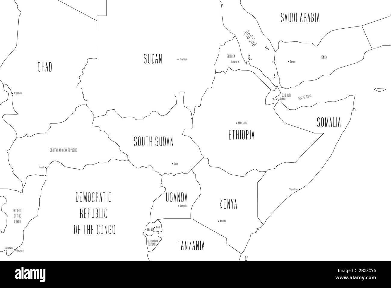 Carte de l'Afrique de l'est. Style de caniche dessiné à la main. Illustration vectorielle. Illustration de Vecteur