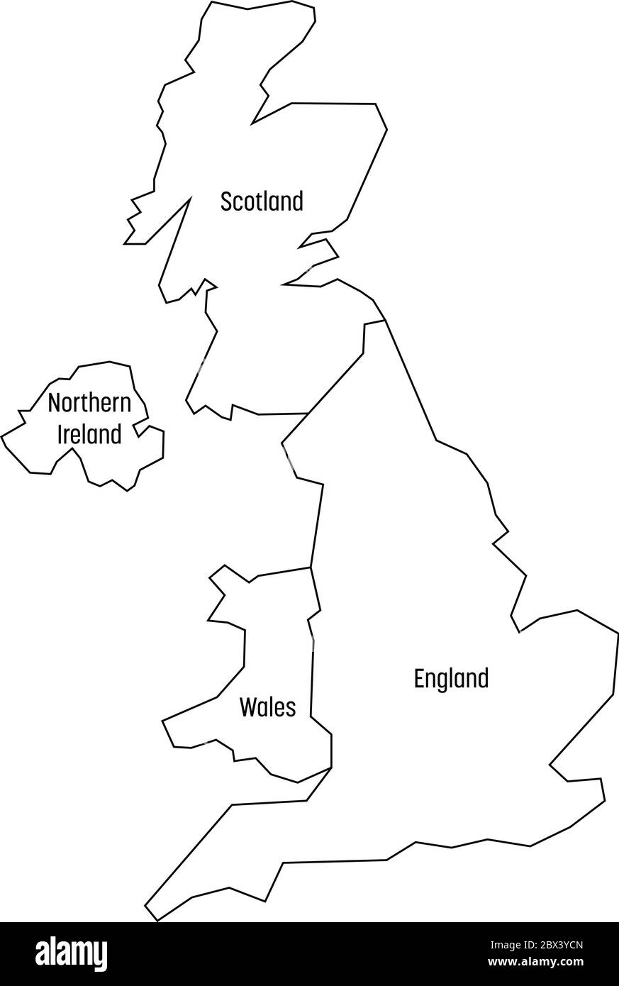 Carte des pays du Royaume-Uni - Angleterre, pays de Galles, Écosse et Irlande du Nord. Carte de contour simple à vecteur plat avec étiquettes. Illustration de Vecteur