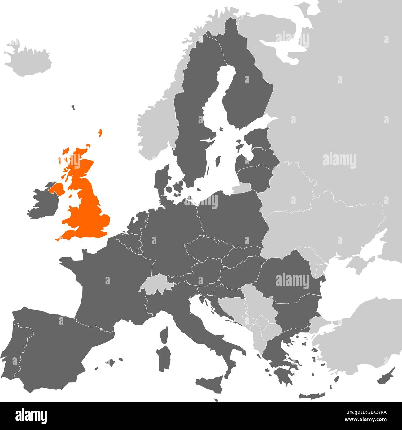 Carte thématique du Brexit - carte de l'Europe avec les Etats membres de l'UE mis en évidence et le Royaume-Uni dans une couleur différente. Illustration vectorielle. Carte simplifiée de l'Union européenne. Illustration de Vecteur