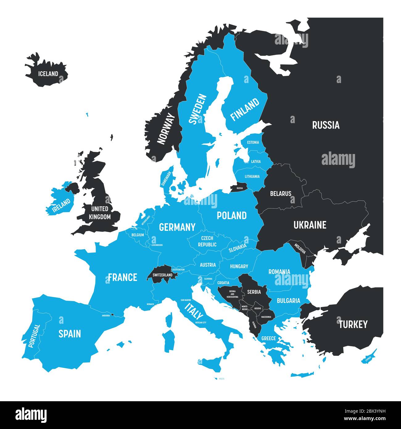 Carte politique de l'Europe avec en bleu mis en évidence 27 États ...